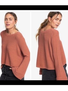 ROXY Textured Knit Cropped Sweater Bell Sleeve Rust Small